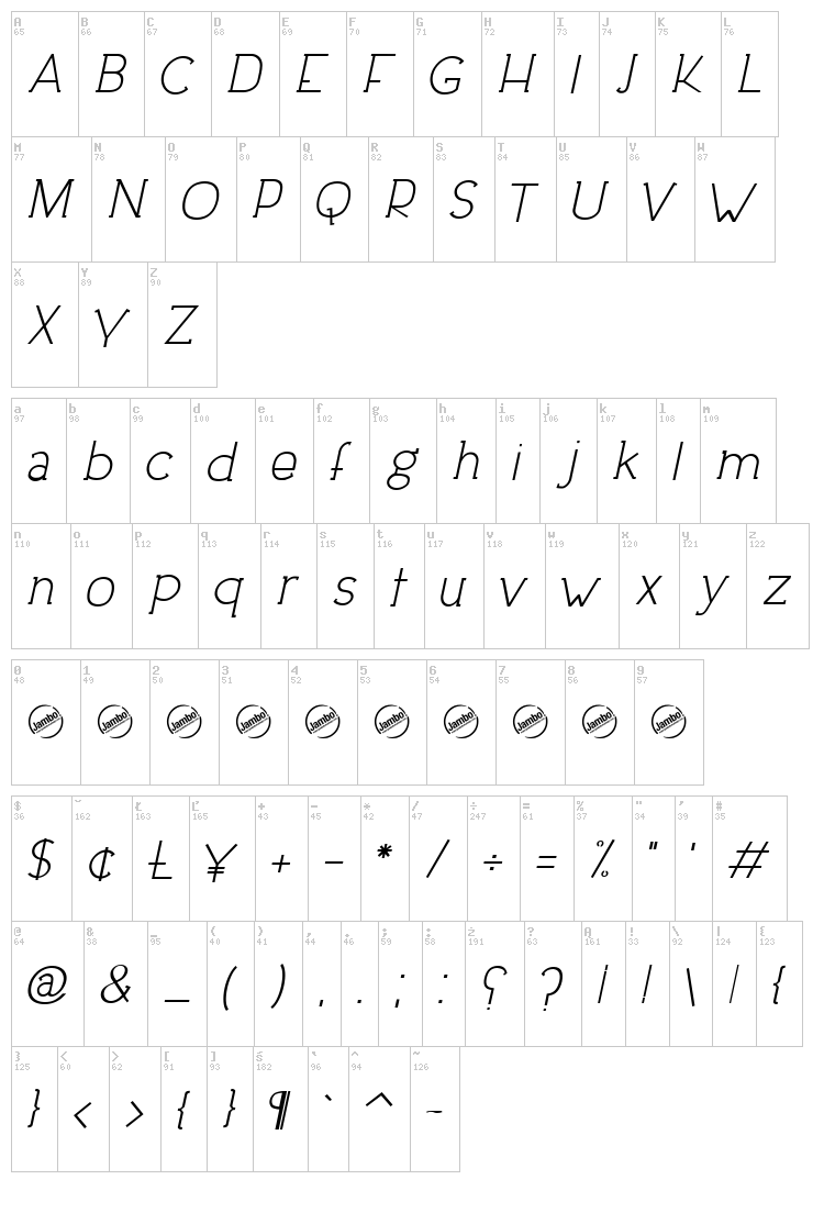 Downtown Elegance font map